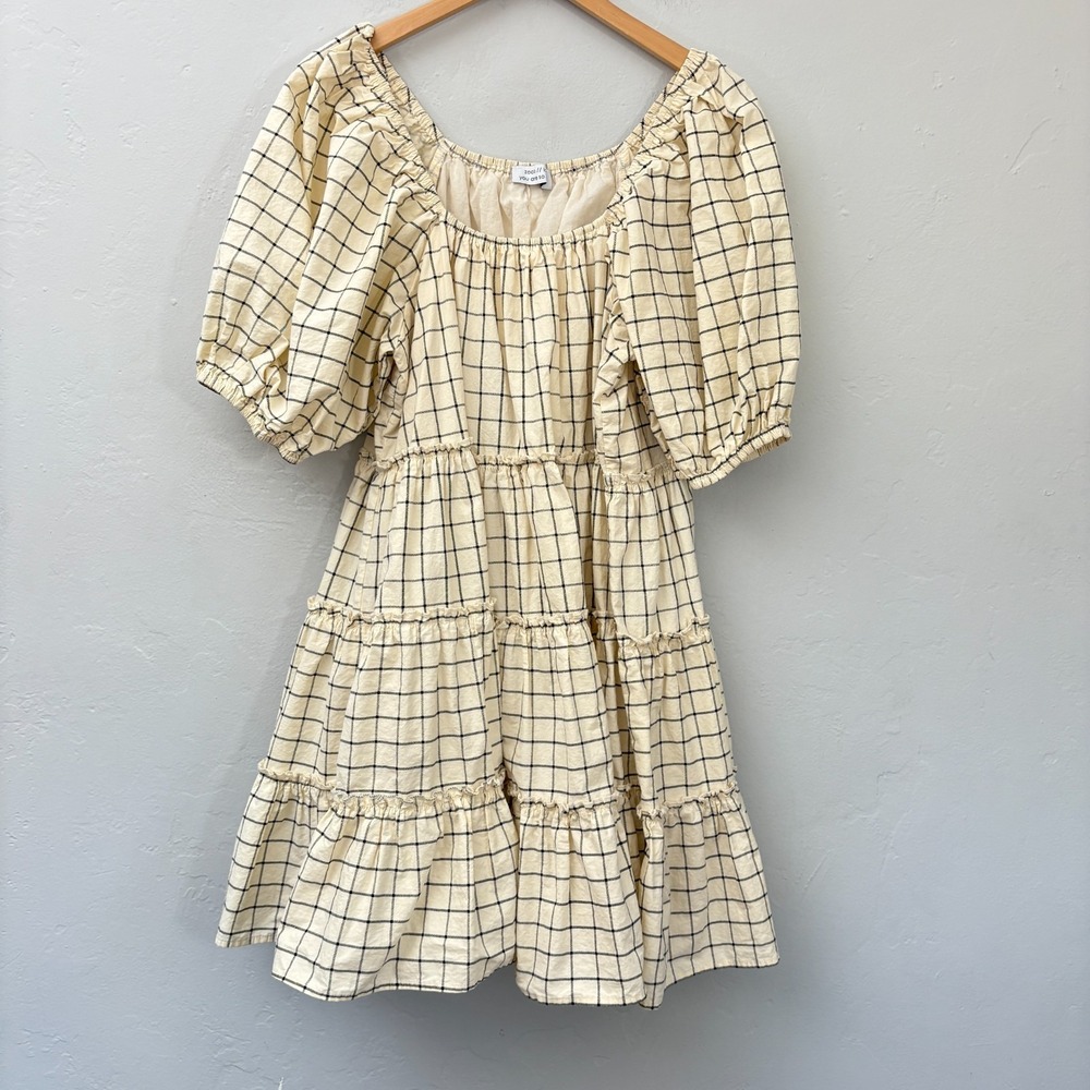 Zoco Daymaker Dress Women Size Large Ivory Windowpane Cottagecore Puff Sleeve
